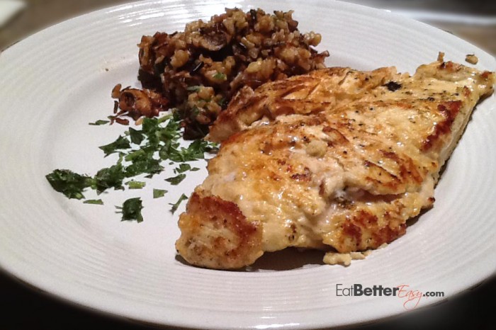 Chicken with Dijon garlic lemon marinade and caramelized onion and mushroom wild rice